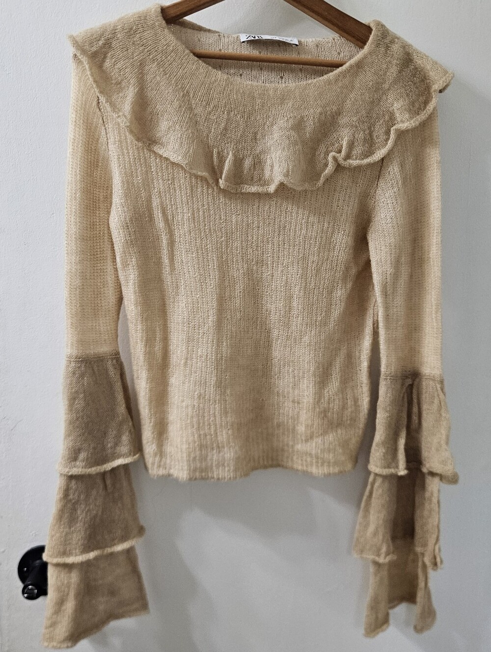 Zara Womens Sweater Top S Ruffle Tiered Bell Sleeve Boho Cottage Ren Faire Fairy